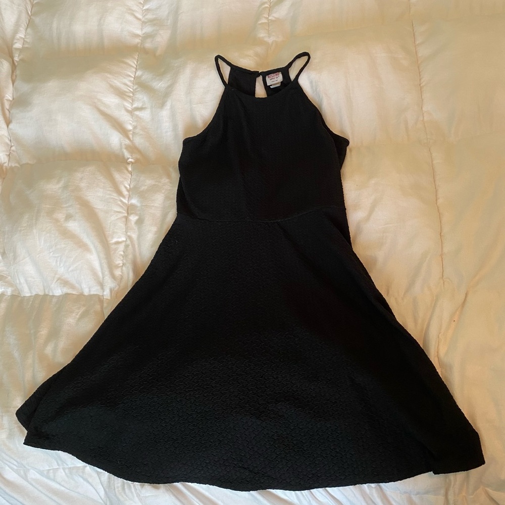 Halter Neck Ribbed Black Fit & Flare Dress